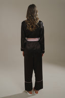 ACI KAHVE-PUDRA MIKS SATEN ŞAL YAKA KİMONO-PANTOLON TAKIM