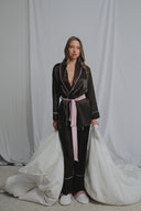 ACI KAHVE-PUDRA MIKS SATEN ŞAL YAKA KİMONO-PANTOLON TAKIM