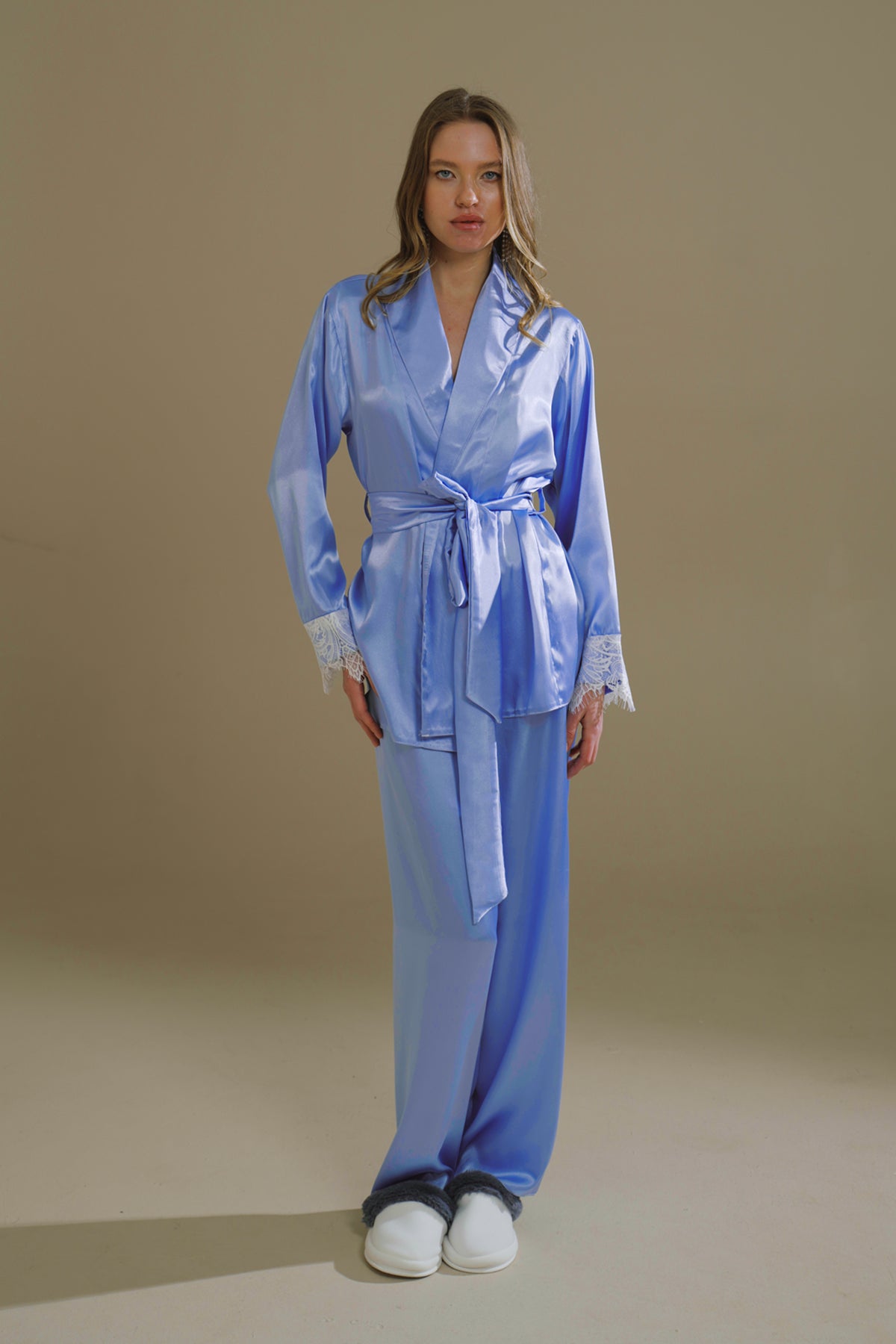 BUZ MAVİ SATEN ŞAL YAKA KİMONO-PANTOLON TAKIM