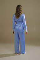 BUZ MAVİ SATEN ŞAL YAKA KİMONO-PANTOLON TAKIM