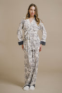 GRİ KADİFE PELUŞ DETAYLI KİMONO-PANTOLON TAKIM