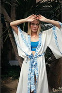 BEYAZ RENK HAM KETEN MAVİ DESENLİ KARE KOL KİMONO