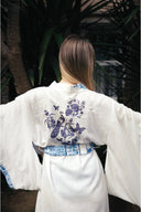 BEYAZ RENK HAM KETEN MAVİ DESENLİ KARE KOL KİMONO