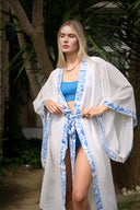 BEYAZ RENK HAM KETEN MAVİ DESENLİ KARE KOL KİMONO