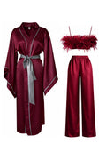 BORDO SATEN YARASA KOL GRİ BİYELİ KİMONO-TÜYLÜ CROP TAKIM SET